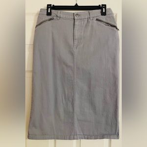 Silver, denim Christopher & Banks skirt with front zipper and two pockets